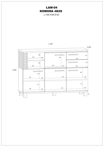 Lamir komód 4 ajtó 2 fiók - Endgrain tölgy - Beton szürke - Fekete