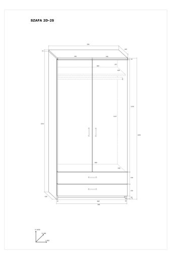Szafa gardróbszekrény 2 ajtó 2 fiók - Világos Sonoma tölgy