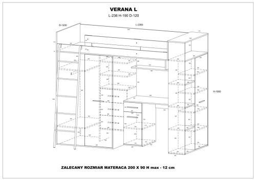 Verana galériaágy balos - Világos Sonoma tölgy - Fehér