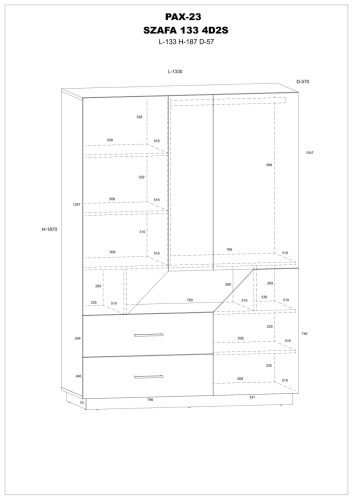 Pax 133 gardróbszekrény 4 ajtó 2 fiók - Endgrain tölgy - Fehér - Beton fekete
