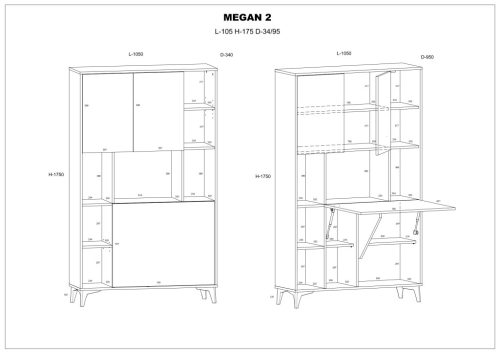 Megan 2 többfunkciós szekrény felhajtható asztallappal 3 ajtó - Artisan tölgy - Fényes fehér