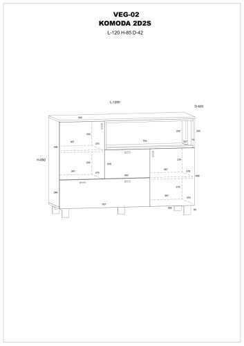 Vegas komód 2 ajtó 2 fiók - Cremona tölgy - Fekete