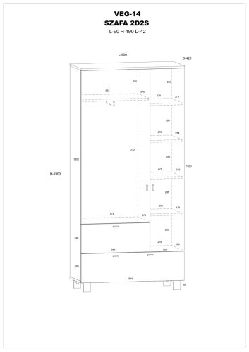 Vegas gardróbszekrény 2 ajtó 2 fiók - Fehér - Fekete