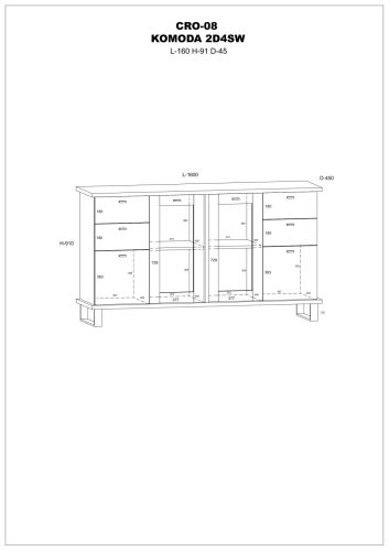 Cross vitrines komód 2 üvegajtó 4 fiók - Cremona tölgy - Fehér