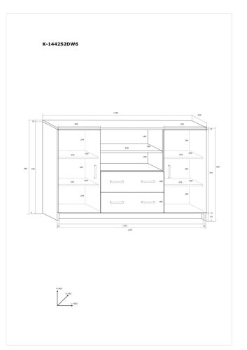 Komód 2 ajtó 2 fiók nyitott polc K-1442S2DW6 - Grange tölgy
