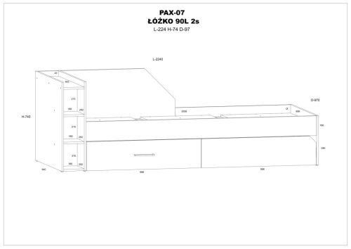 Pax 90L ágykeret 2 fiók balos - Endgrain tölgy - Fehér - Beton fekete
