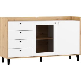   Dolce vitrines komód 1 üvegajtó 1 ajtó 4 fiók - Artisan tölgy - Fényes fehér