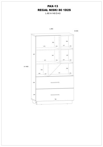 Pax 80 alacsony könyvespolc 1 ajtó 2 fiók - Endgrain tölgy - Fehér - Beton szürke