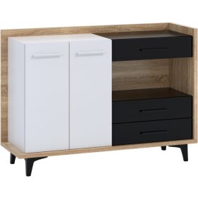   Box komód 2 ajtó 3 fiók - Világos Sonoma tölgy - Fehér - Fekete