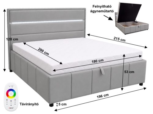 Vista kárpitozott franciaágy ágyneműtartóval és LED világítással 180x200 cm - Sötétbarna