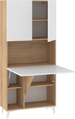 Megan 1 többfunkciós szekrény felhajtható asztallappal 3 ajtó - Cremona tölgy - Fényes fehér