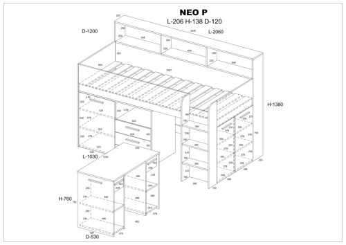 Neo galériaágy jobbos - Fehér - Világos Sonoma tölgy